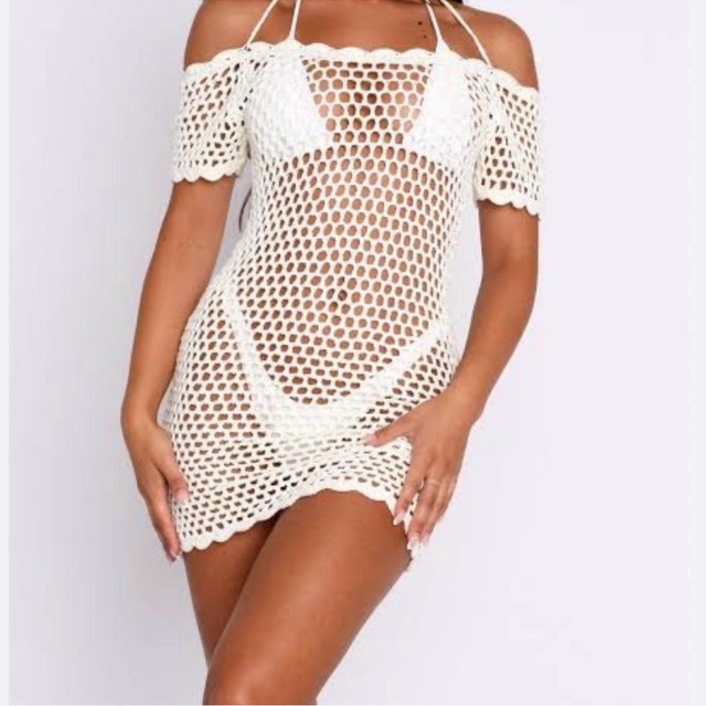 White Fox Cream Crochet Mini Dress Coverup